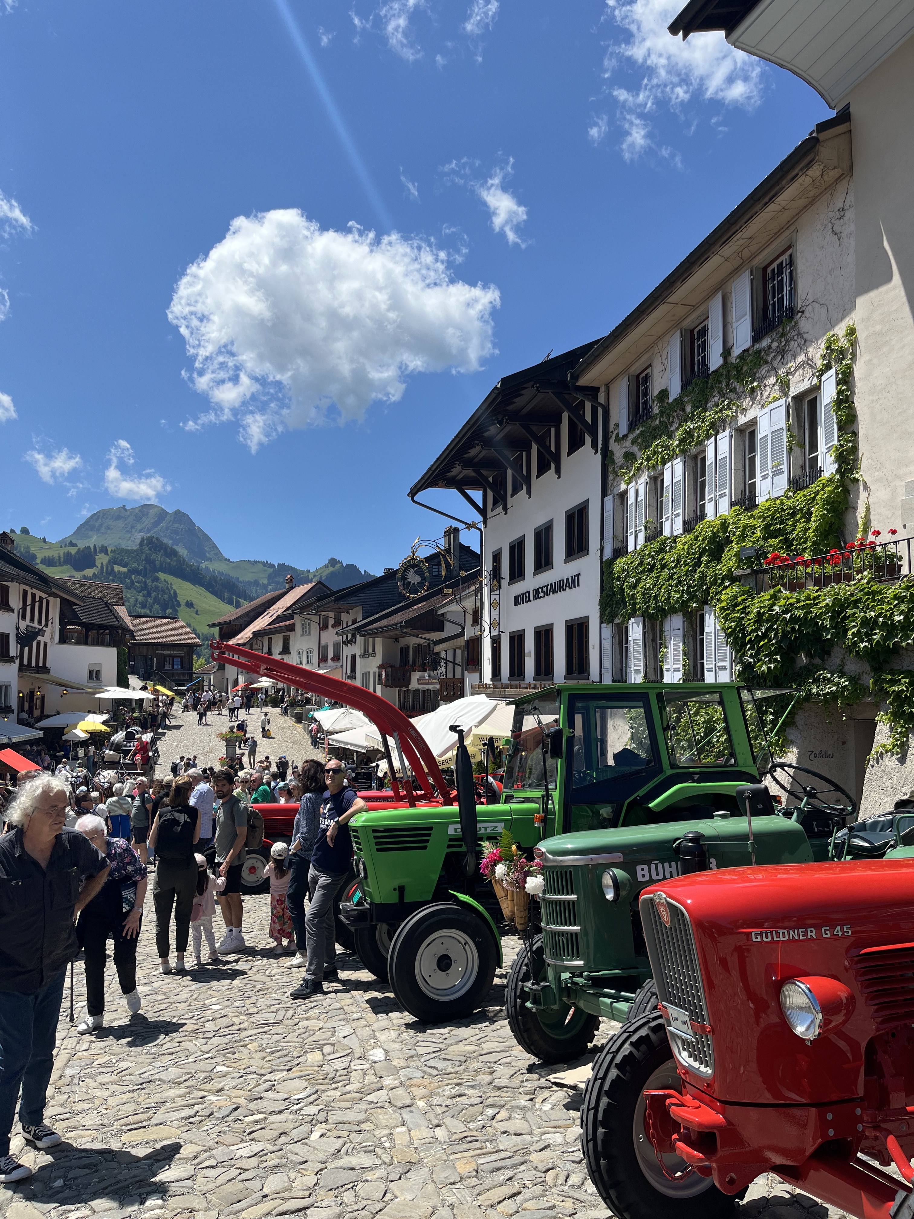 Tracteurs à Gruyères avec la montagne en fond