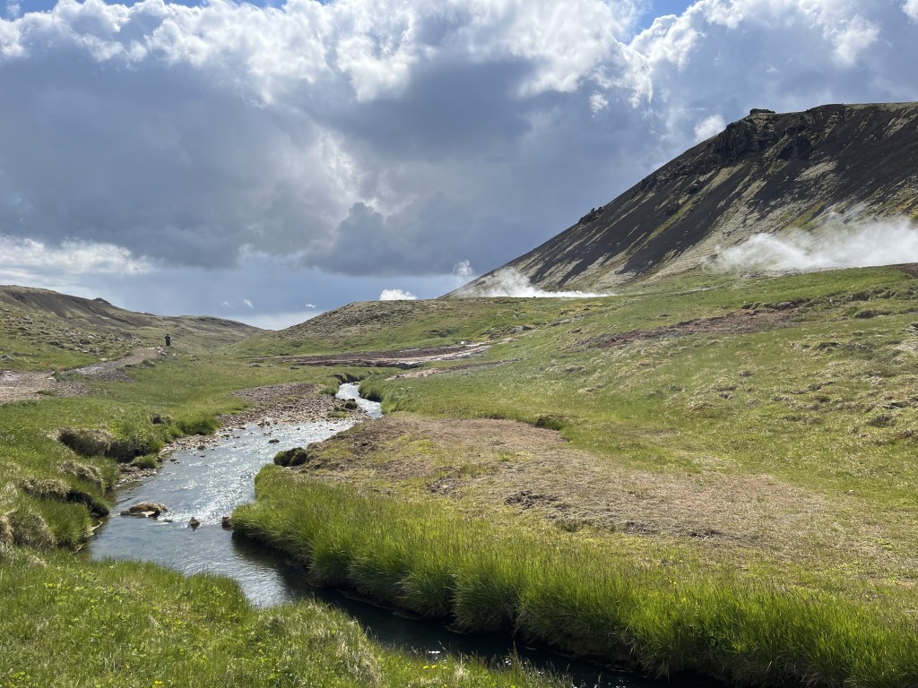 Plaine islandaise avec collines, rivière et fumerolles