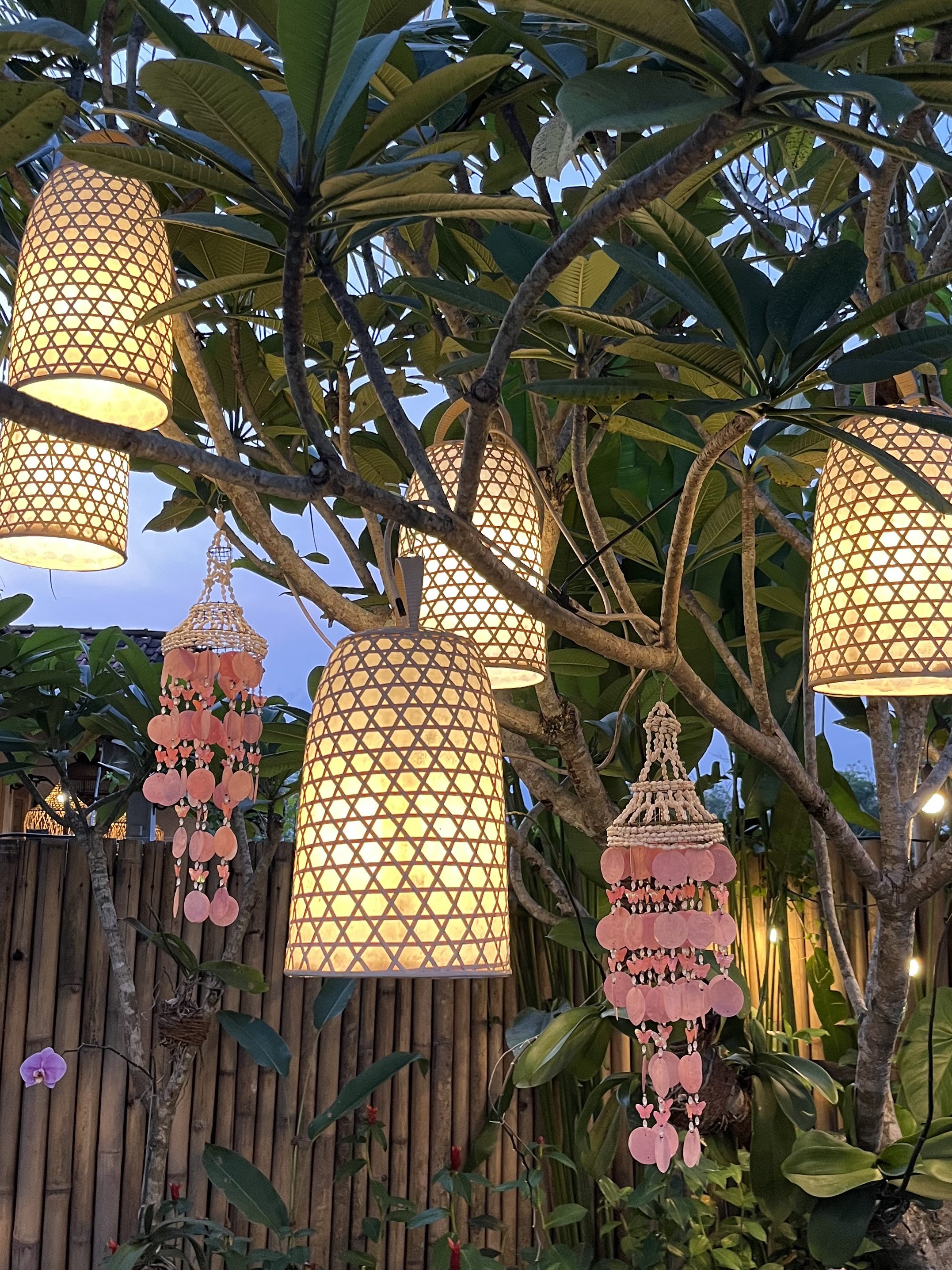 lampes d'extérieure et mobile à vent rose de nuit